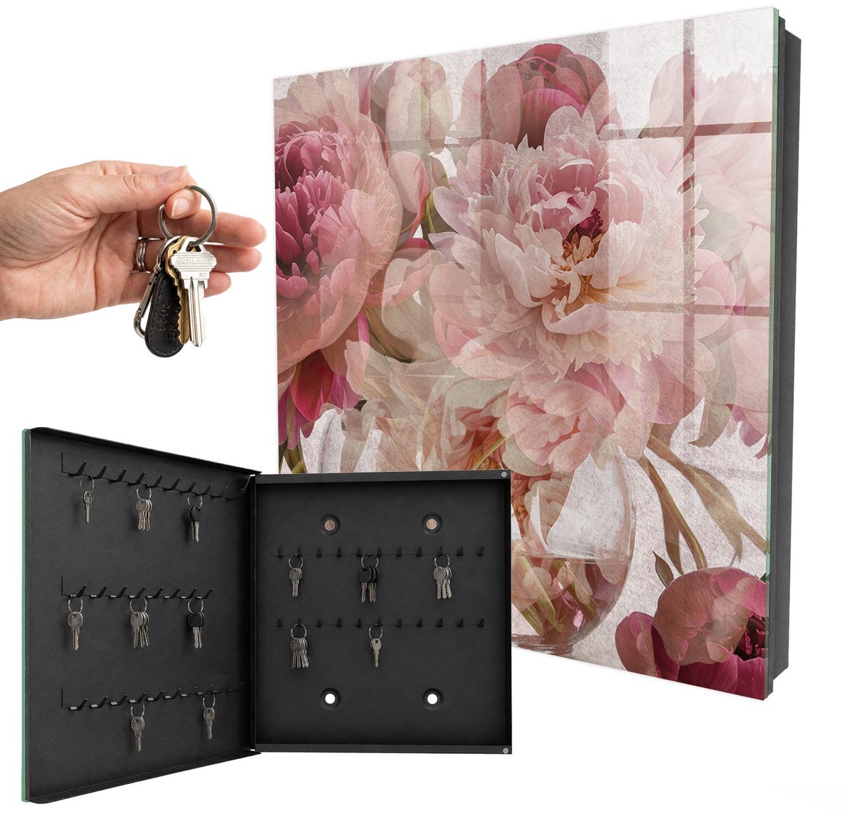 WallMuralia - Sleutelkast - 30x30x5 cm - met 50 haken - Romantische Bloemen Sleutelkastje Klein - Roze Sleutelbox - Linksopenend - Zwart interieur