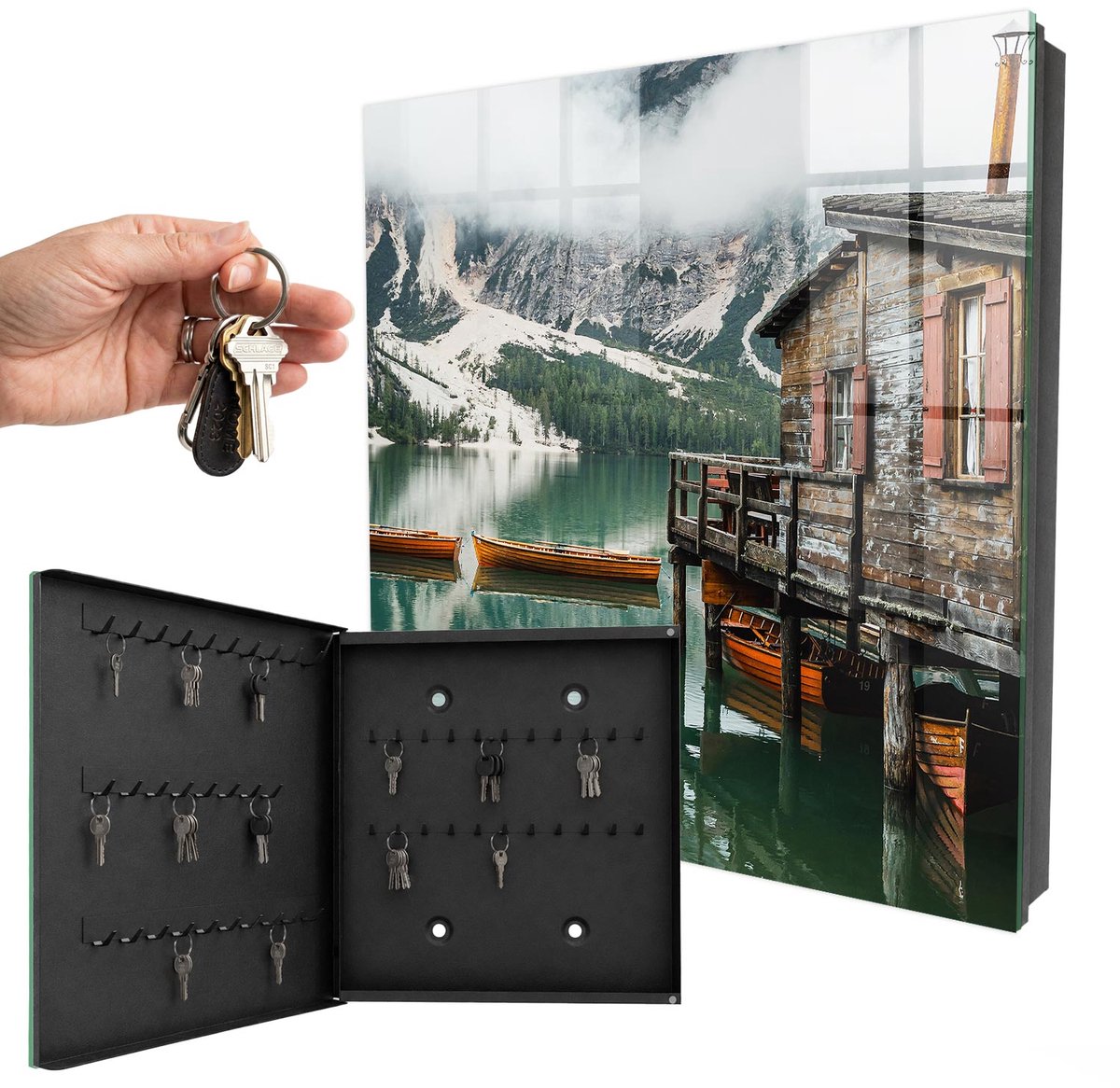 WallMuralia - Sleutelkast - 30x30x5 cm - met 50 haken - Bergvrede Design Sleutelkastje - Turkoois Sleutelbox - Linksopenend - Zwart interieur