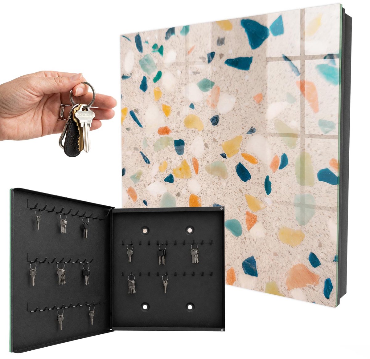 WallMuralia - Sleutelkast - 30x30x5 cm - met 50 haken - Creatieve Mozaïek Design Sleutelkastje - Wit Sleutelbox - Linksopenend - Zwart interieur