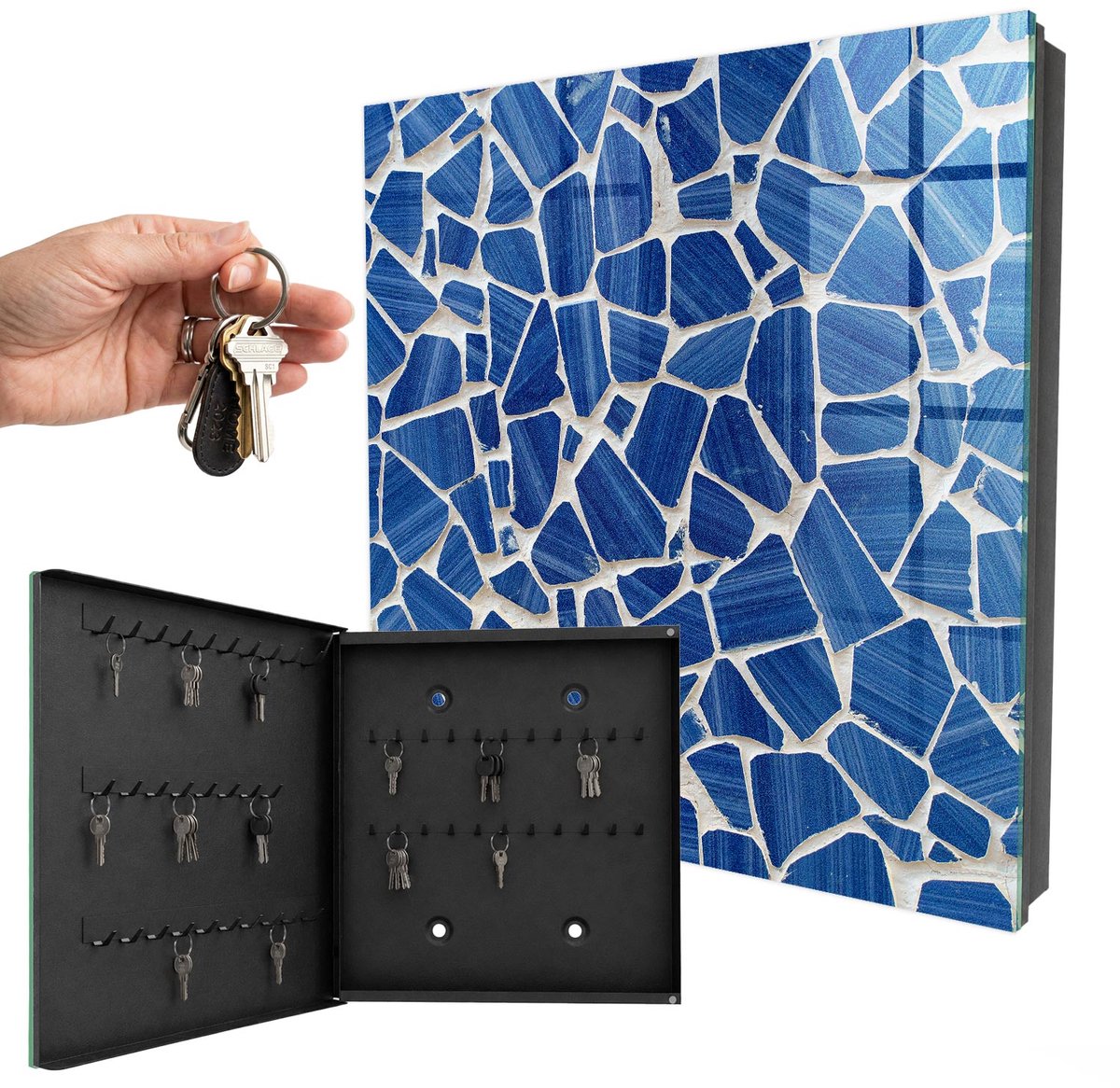 WallMuralia - Sleutelkast - 30x30x5 cm - met 50 haken - Blauw Mozaïek Sleutelkastje Industrieel - Blauw Sleutelbox - Linksopenend - Zwart interieur
