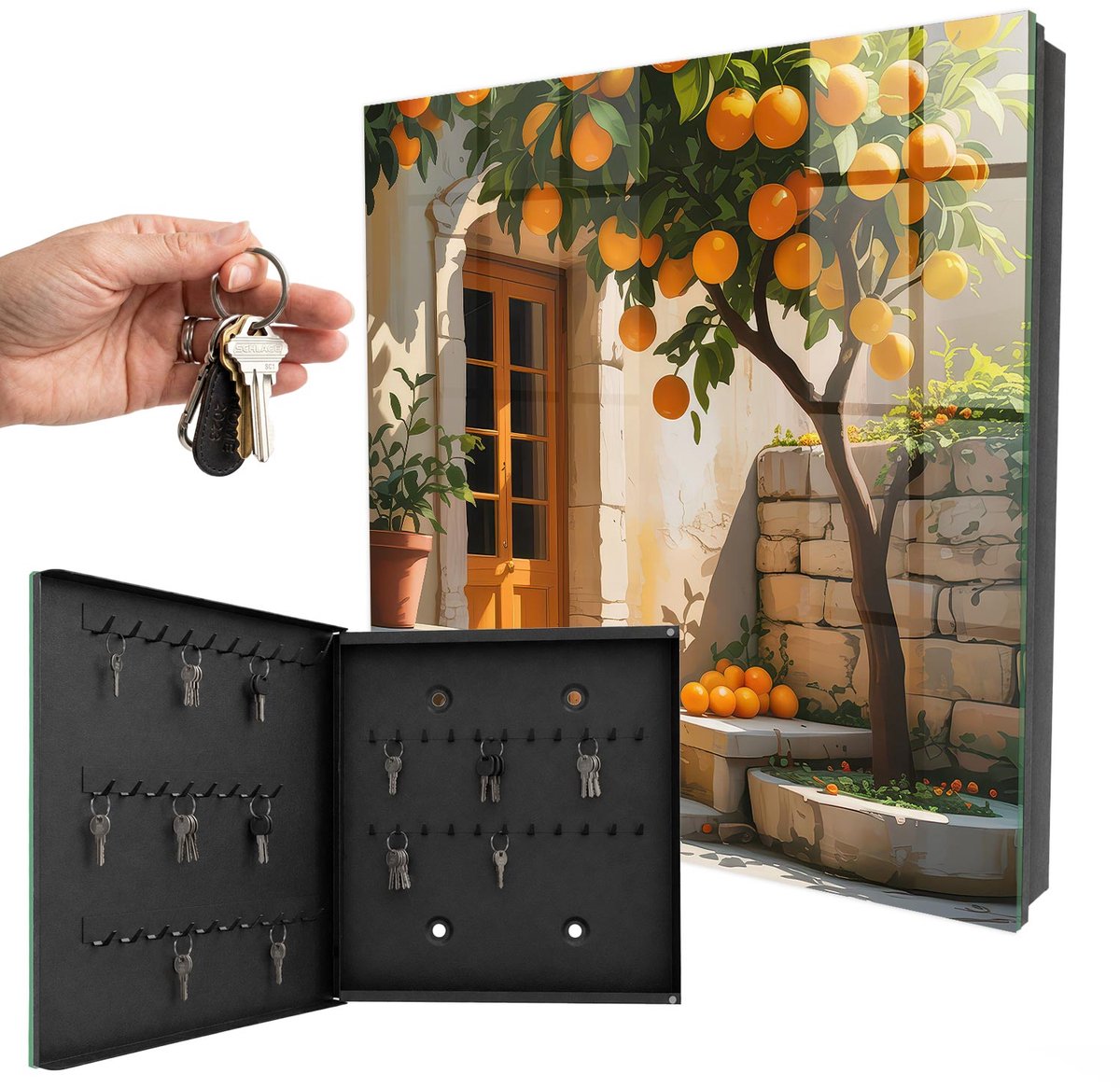 WallMuralia - Sleutelkast - 30x30x5 cm - met 50 haken - Sinaasappeltuin Sleutelkastje Modern - Oranje Sleutelbox - Linksopenend - Zwart interieur