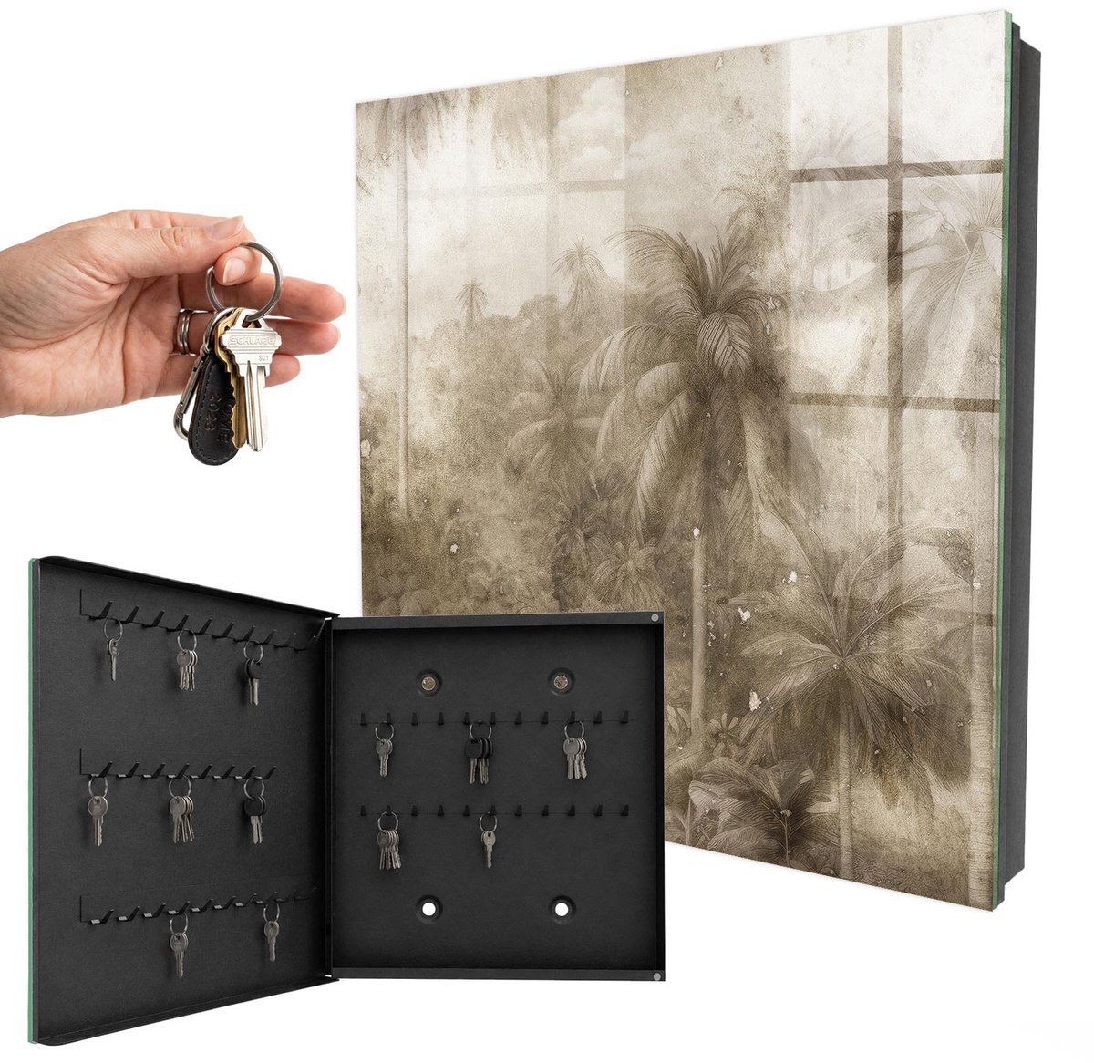 WallMuralia - Sleutelkast - 30x30x5 cm - met 50 haken - Junglebeige Groot Sleutelkastje - Beige Sleutelbox - Linksopenend - Zwart interieur