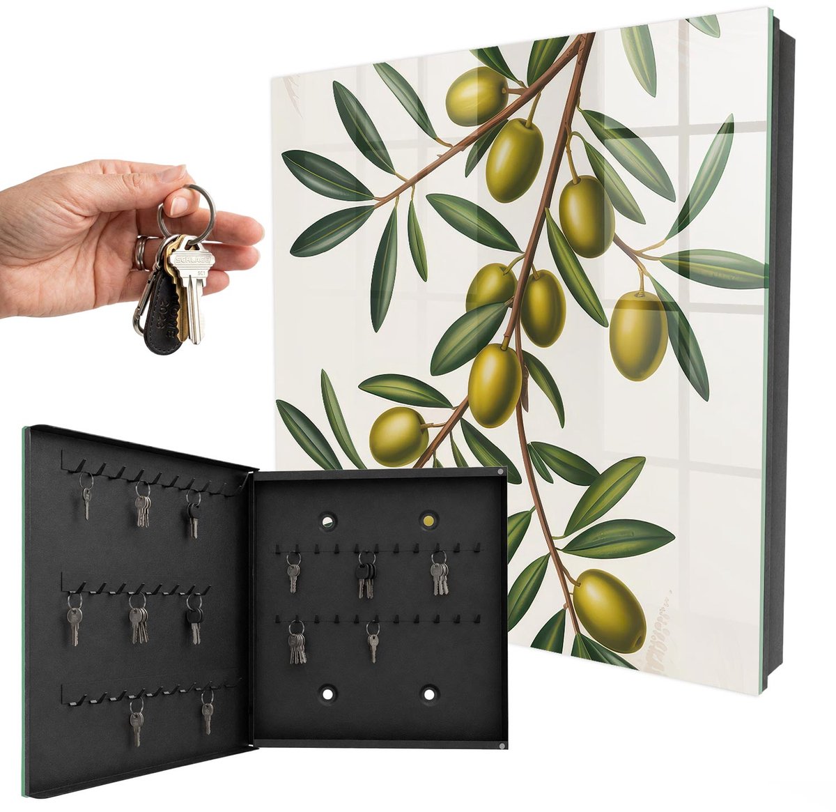 WallMuralia - Sleutelkast - 30x30x5 cm - met 50 haken - Olijven Aan Een Tak Sleutelkastje Muur - Groente Sleutelbox - Linksopenend - Zwart interieur