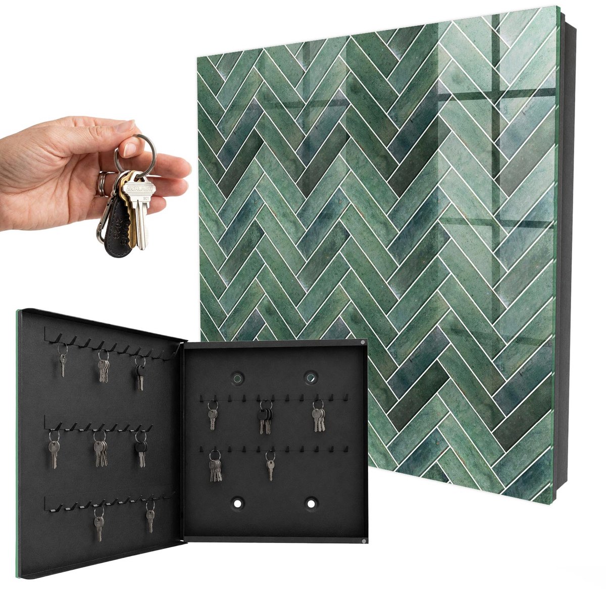 WallMuralia - Sleutelkast - 30x30x5 cm - met 50 haken - Groene Visgraat Sleutelkastje Landelijk - Groente Sleutelbox - Linksopenend - Zwart interieur
