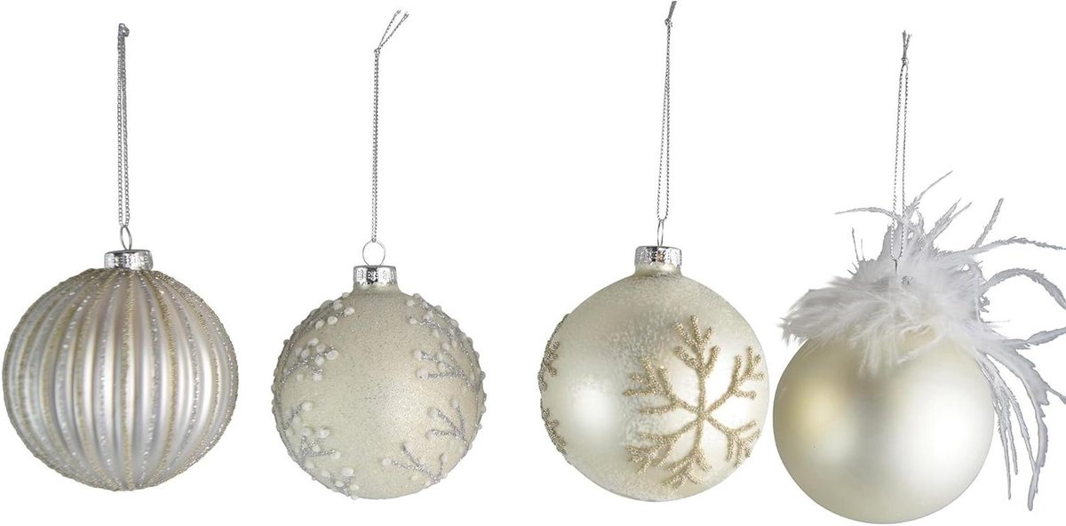 Kerstballen Glas - Decoratie Ballen - Kerstboom Versieren - Set van 4 - 8 cm - Wit