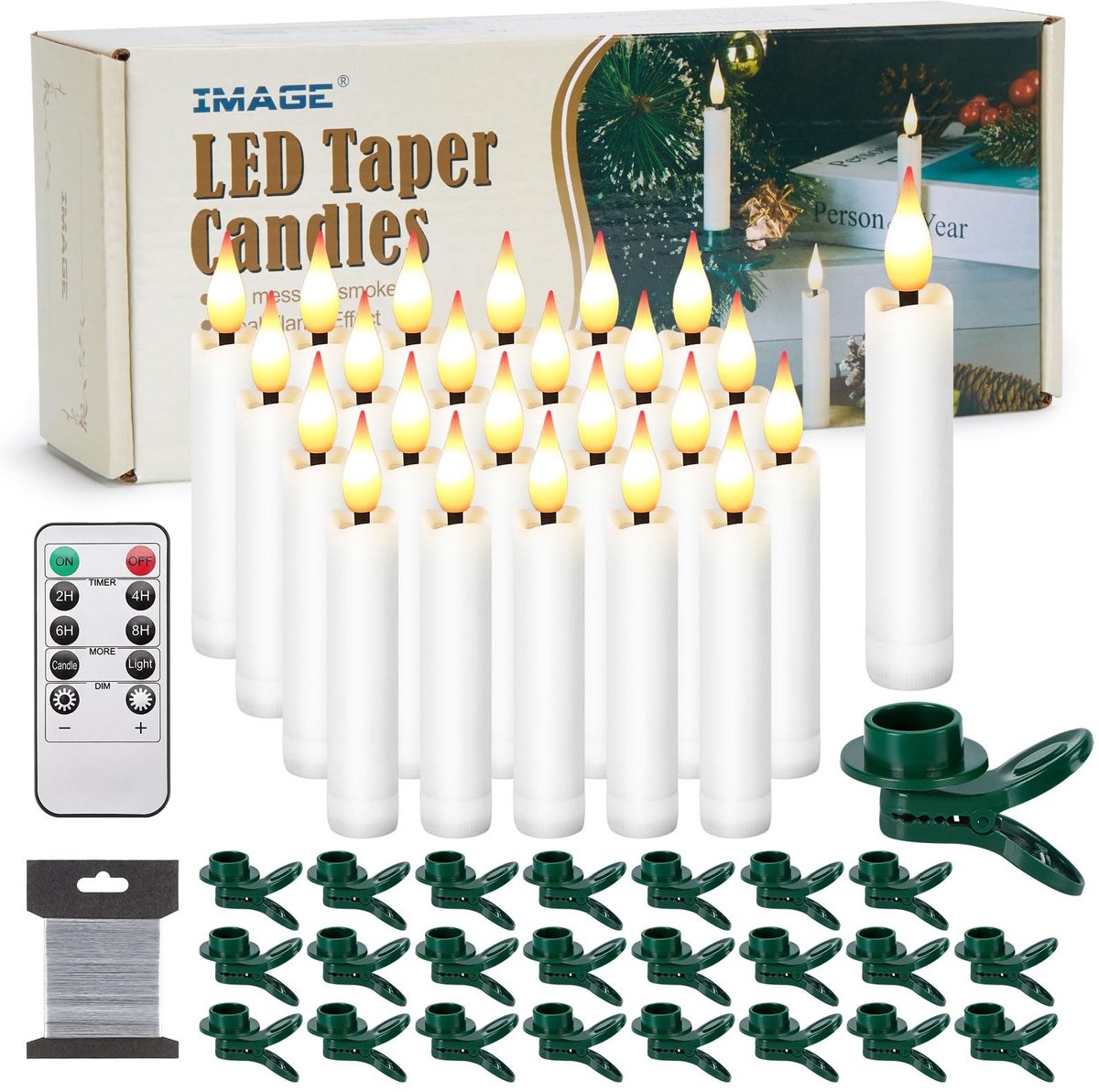 Omgoods - Set van 24 LED Cone Kaarsen met Clips voor Kerst - Warm Wit