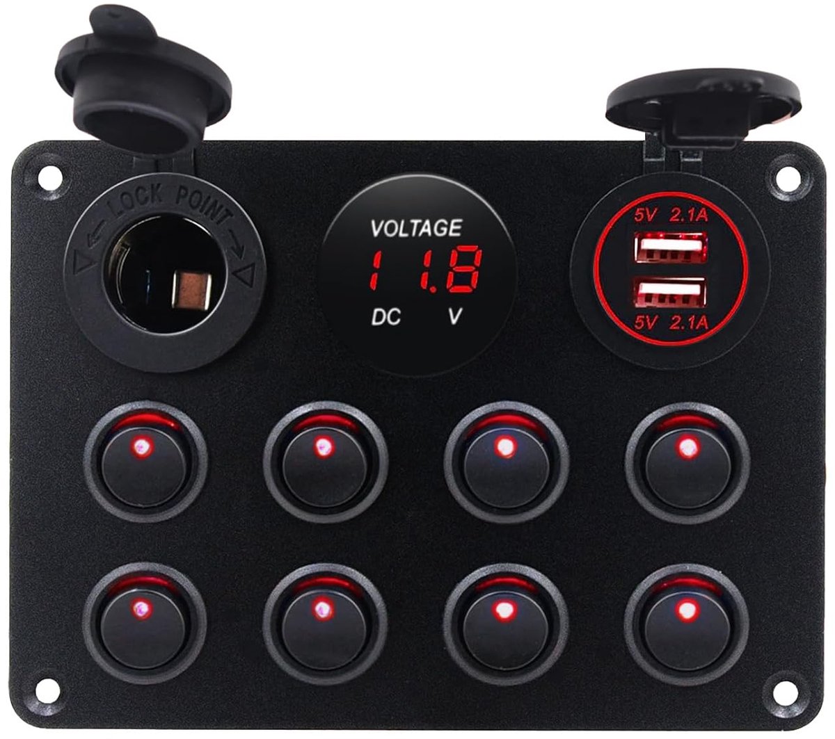 Schakelpaneel met 8 Versnellingen, 12 V/24 V Tuimelschakelpaneel 4,2 A Dubbele USB-oplader + Sigarettenaansteker + IP65 Waterdicht voor Boot, Camper, Caravan, Scheepvaart, Rood