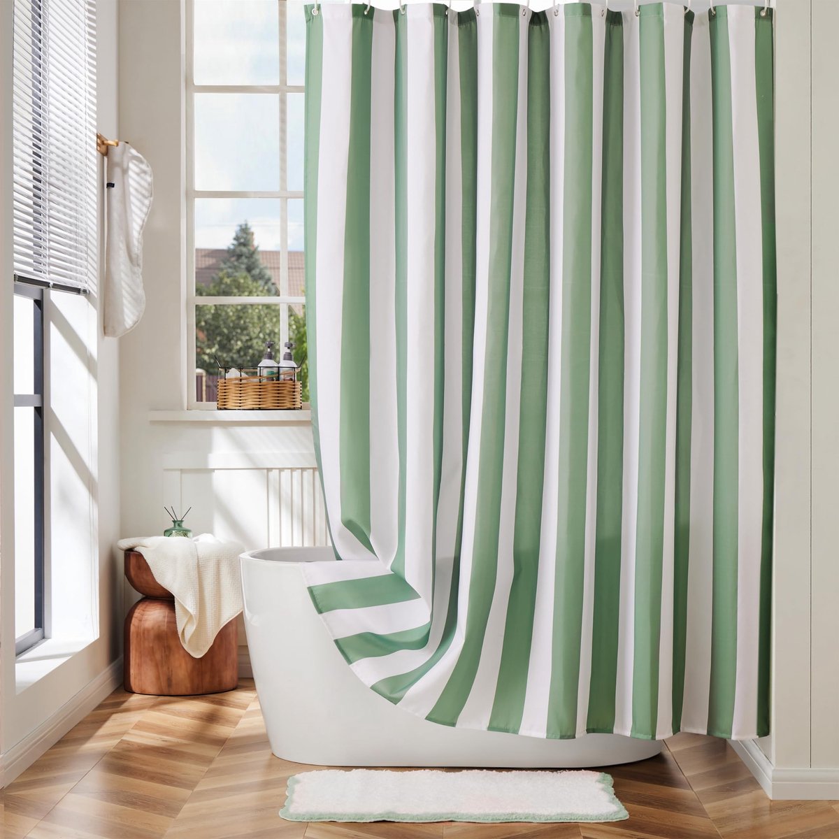 Omgoods - Waterdicht Douchegordijn met Geruite Streep in Saliegroen 182 x 183 cm