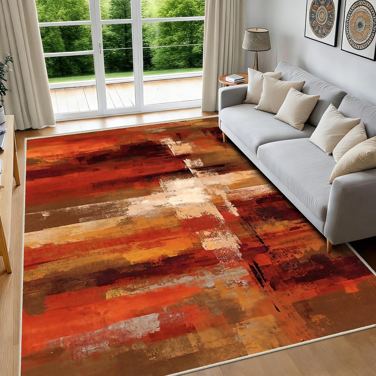 Omgoods - Modern Korte Pool Tapijt 120x180 cm - Wasbaar, Antislip, Bruin/Oranje/Rood