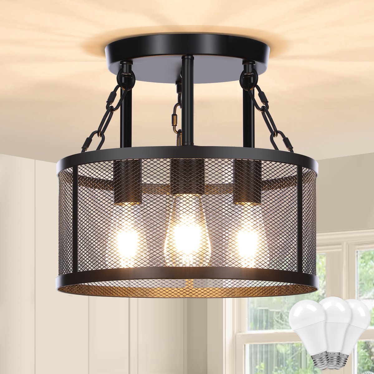Lapamax Industriële Plafondlamp met 3 Lichtpunten - Zwarte Metalen Kooi Plafonnière - 3 E27 LED-lampen - Schakelbare Lichtkleur 3000-6000 K - Voor Woonkamer, Eetkamer en Keuken