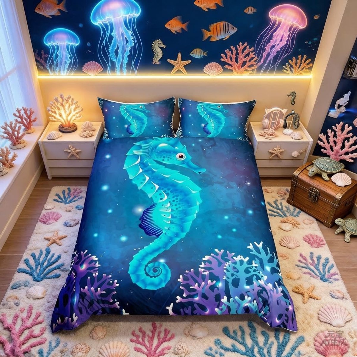 Omgoods - Seahorse Print Duvet Cover - Kids Ocean Creature Bedding Set