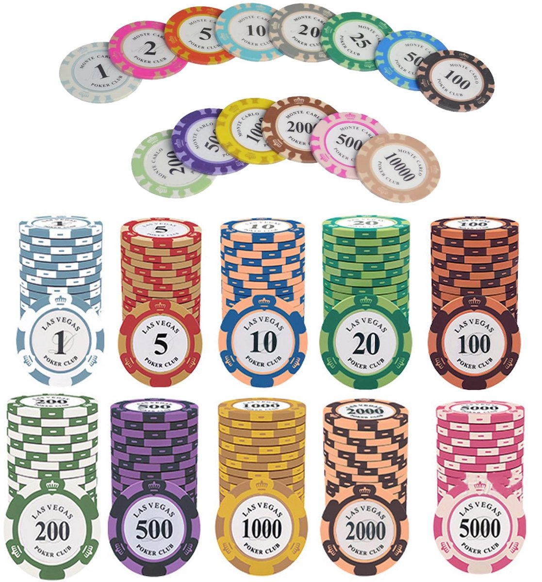 Omgoods - 50 Professionele Poker Chips in 10 Kleuren voor Texas Hold'em