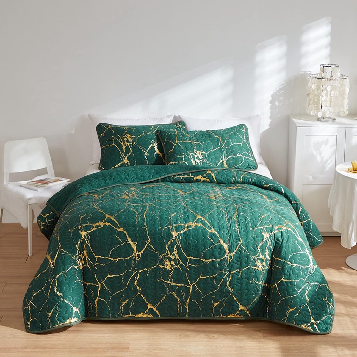 Omgoods - Luxe Gequilte Bedsprei - Groene Marmerprint, Voor Alle Seizoenen