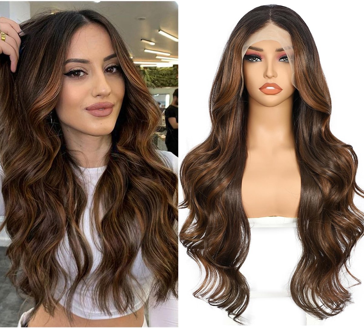 Omgoods - Sapphirewigs Bruine Lace Front Peruc - 66 cm met Balayage Effect