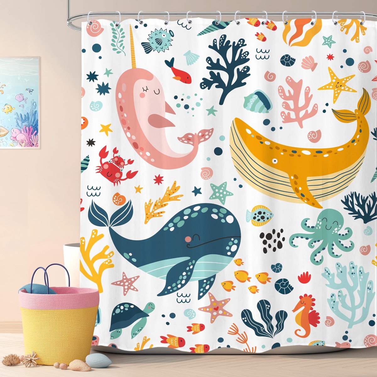 Omgoods - Schattig Walvis Douchegordijn 60x71 inch met Haken