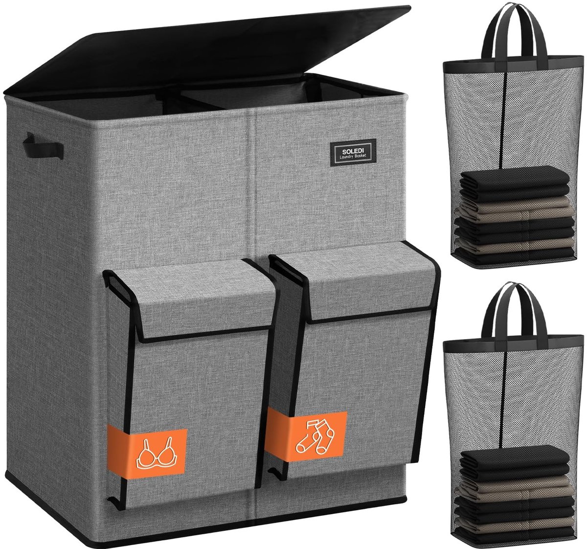 Omgoods - 180L Wasmand met Deksel en 2 Compartimenten - Grote Kleding Sorteerder