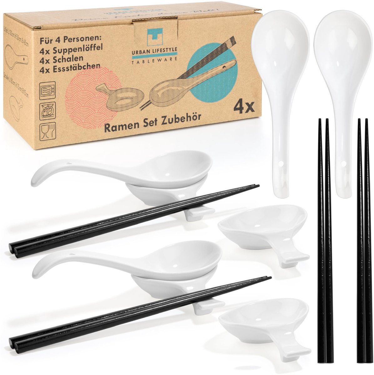 Omgoods - Ramen Bowl Accessoires Set met Porseleinen Lepels en Bamboe Chopsticks - Voor 4 Personen