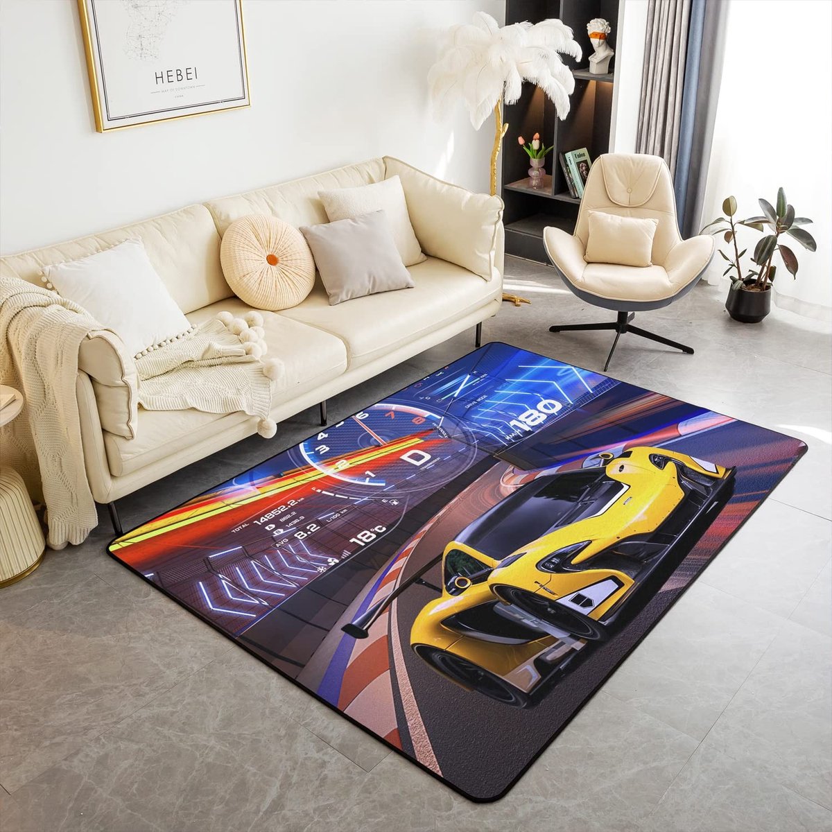 Omgoods - Raceauto Vloerkleed 100x150 cm - Geel Sportauto Tapijt