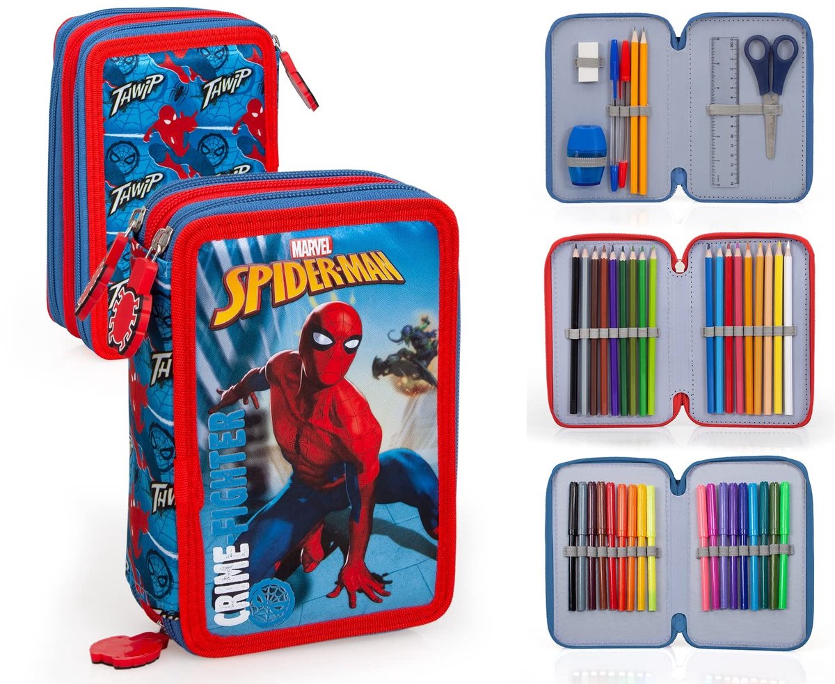 Omgoods - Marvel Spider-Man Pennenzak - 3 Compartimenten - 44 Stuks Gevuld