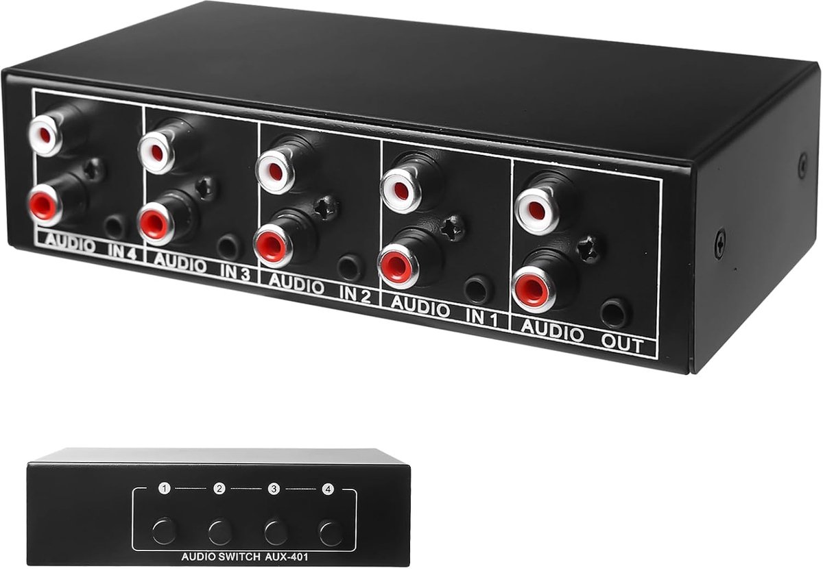 Audioschakelaar, Audioschakelaar 4 in 1 uit, Audioschakelaar 3,5 mm Aux + RCA L/R, Bidirectionele Audioschakelaar, Audioselectiebox, Video Audio Splitter voor Hoofdtelefoons, Phono