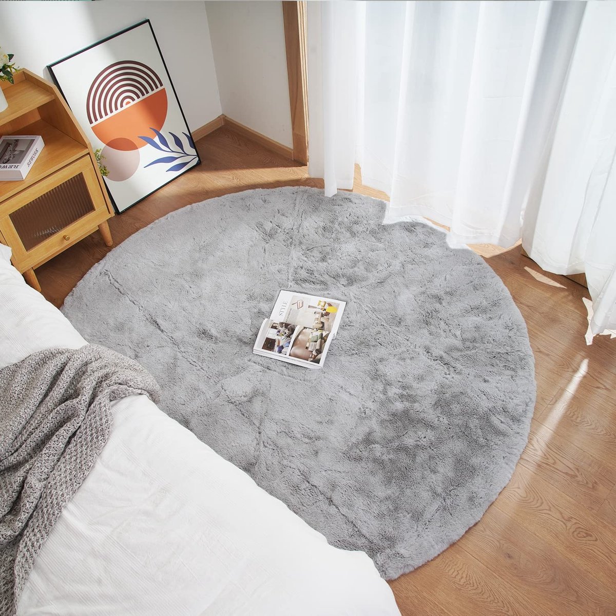 Omgoods - Hoogpolig Tapijt 120 cm - Grijs Rond, Wasbaar en Antislip
