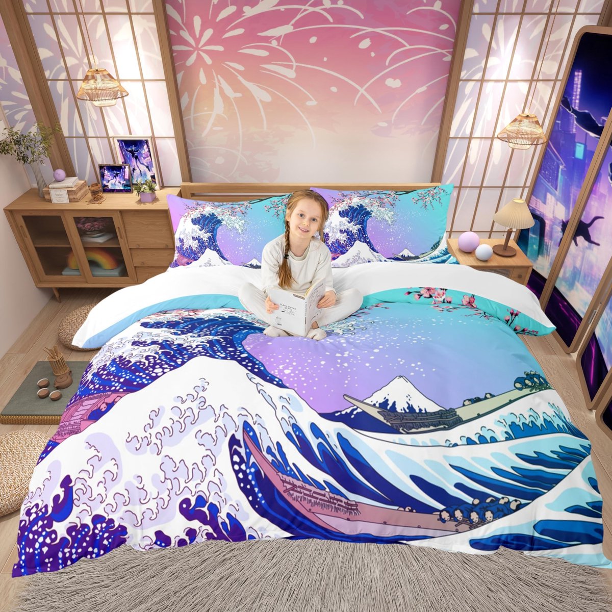 Omgoods - Ukiyoe Japanse Dekbedovertrek Set - Kersenbloesem en Fuji Berg voor Kinderen