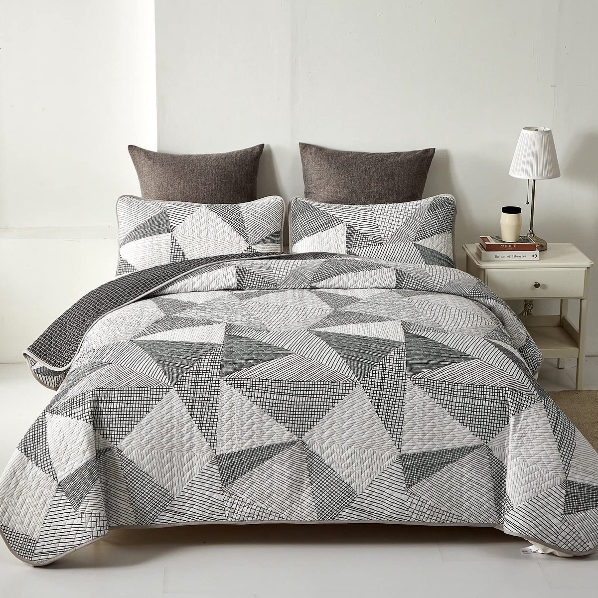 Omgoods - Geometrische Bedsprei Set - Dubbel Bed 2.4 x 2.2 m (Grijs)