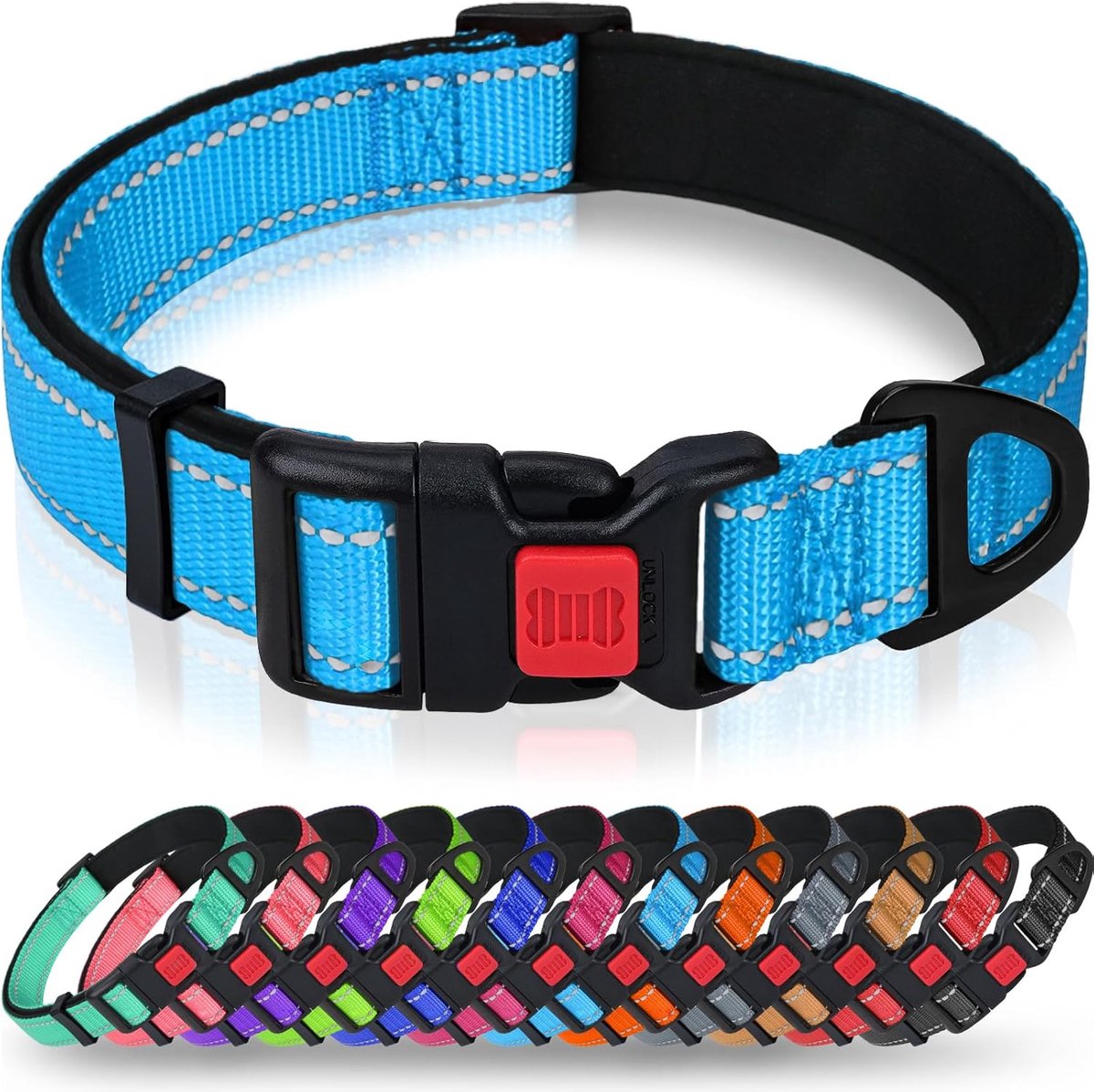 Reflecterende nylon hondenhalsband met veiligheidsgesp, verstelbare halsband, zachte neopreen voering, voor kleine honden, hemelsblauw | Nachtwandeling, zachte nekdemping, verstelbare 25,4-40,6 cm, sluitgesp, D-ring voor riem en ID-tags