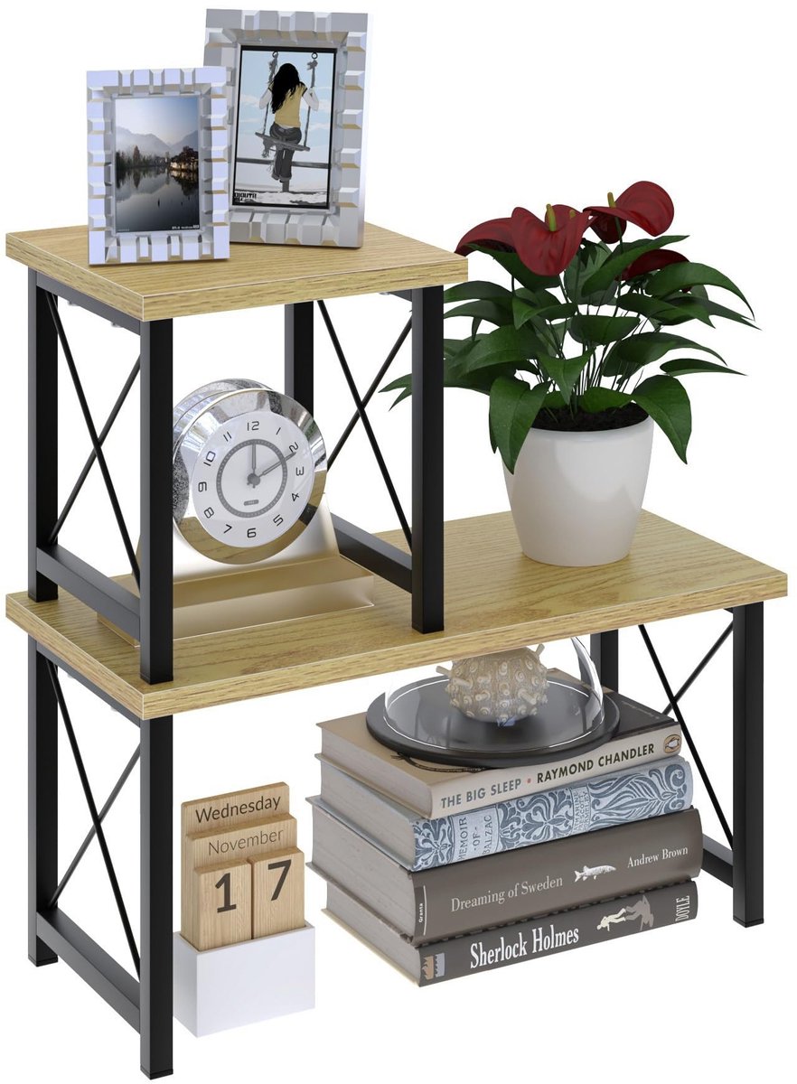 Omgoods - Stapelbare Bureau Rack - Keuken Plank voor 2 Laags Organisatie 40x40x19 cm in Natuurlijk Hout