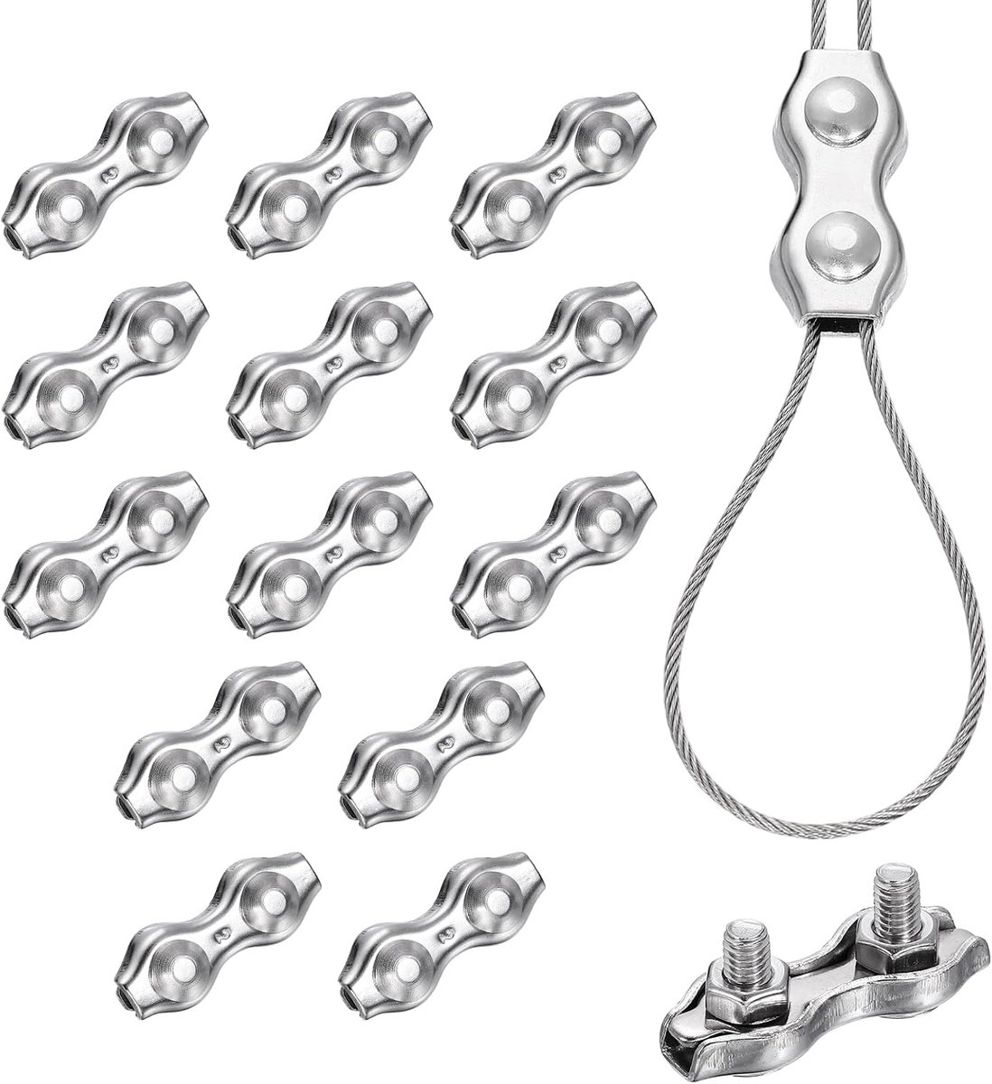 14 stuks roestvrij staal duplex draadkabel clips, M4 duplex bout kabel clips klem voor 1/16 inch diameter draadkabel voor tuigage tent guard reling systeem, zilver