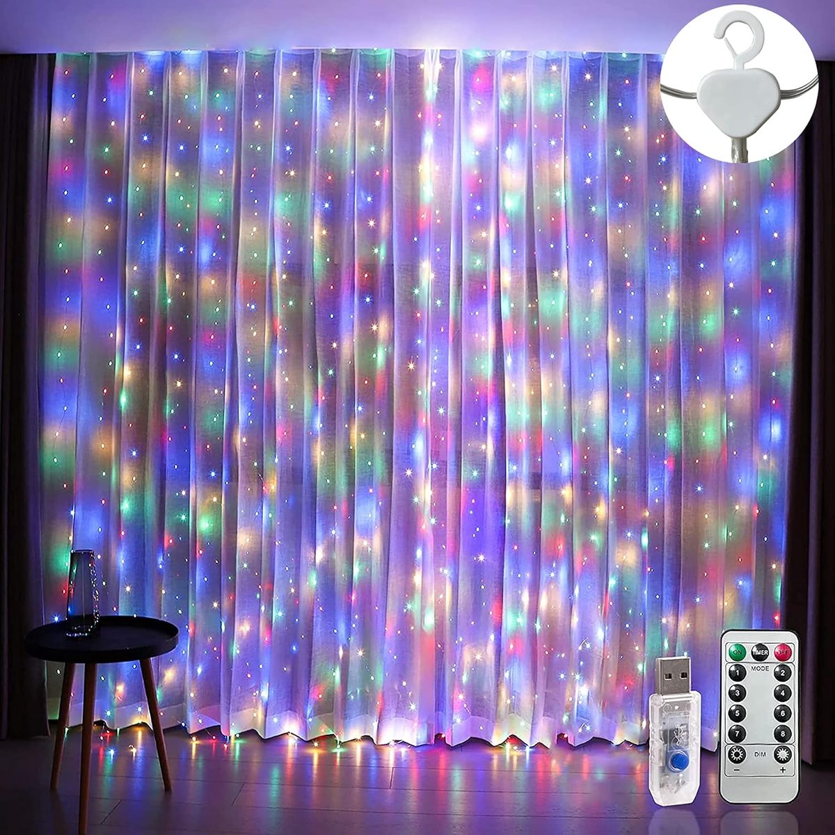 Gordijn-kerstverlichting, waterdicht, 3 x 3 m, 300 LED-lichtjes, met 8 standen, afstandsbediening, timer, USB-kerstverlichting voor slaapkamer, tuin, feest, bruiloftdecoraties (meerkleurig)