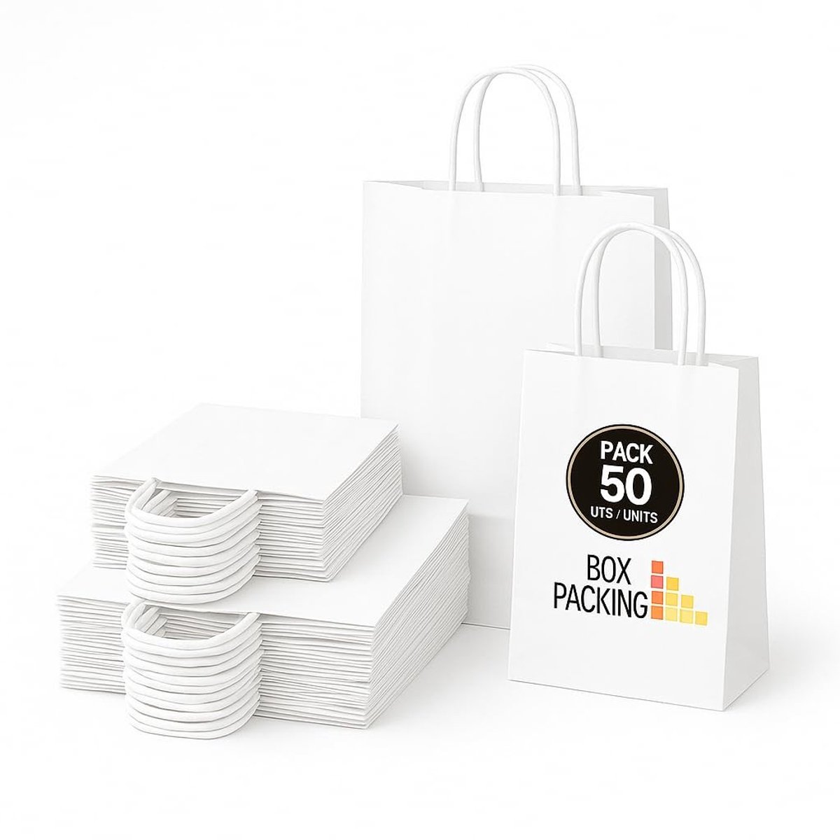 Omgoods- Papieren Tasjes 50 Stuks - Witte Draagtasjes - Kraft Tassen - Groot (32x24x11 cm) - Klein (24x18x8 cm) - Stevig 115 g/m² - Draagtas