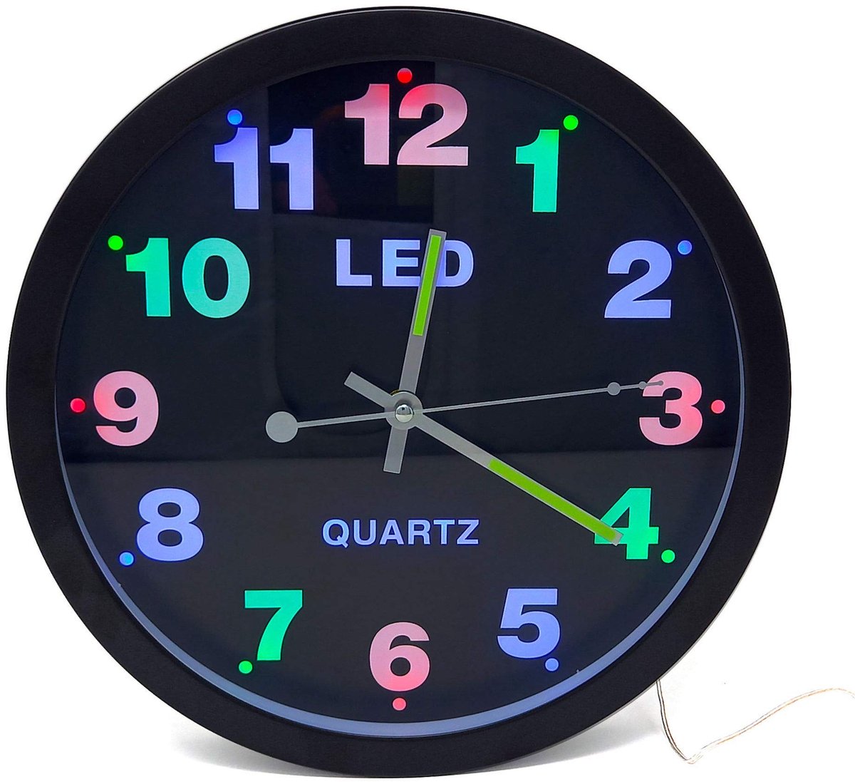 Omgoods - Wandklok 29.5 cm Ø Verlicht met Kleurige LED Cijfers
