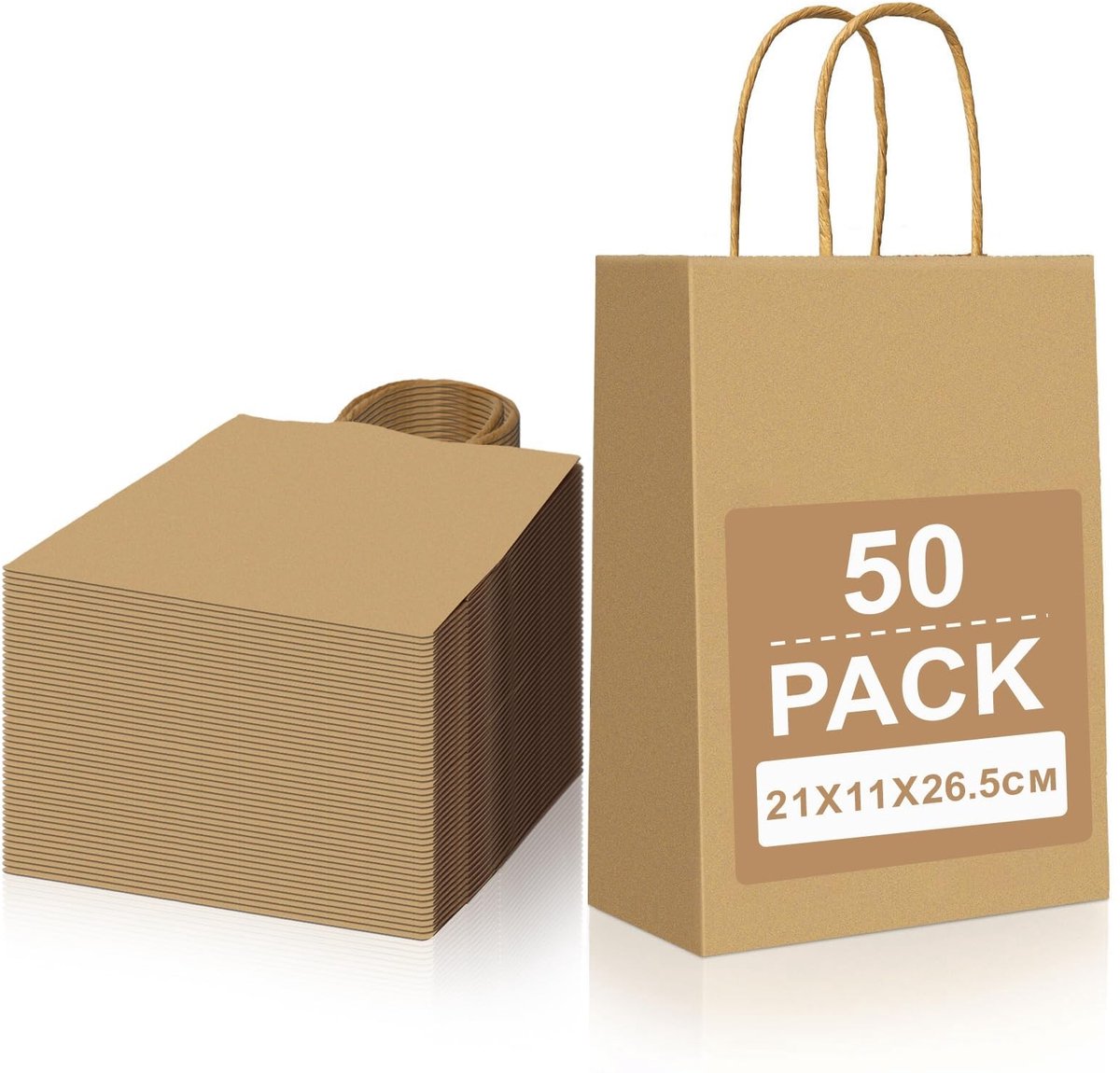 Omgoods - 50 Stuks Medium Papieren Tassen met Handvat - Bruine Kraft Cadeautassen 21x11x27cm