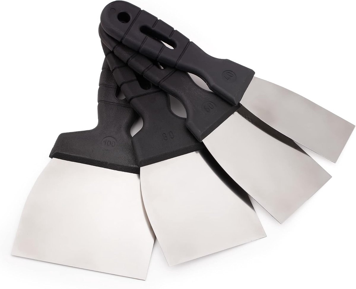 Set van 4 stuks spatels van roestvrij staal, universele spatel voor het afkrassen van verf of behang, wandschilderschraper met flexibele messen, 40, 60, 80, 100 mm