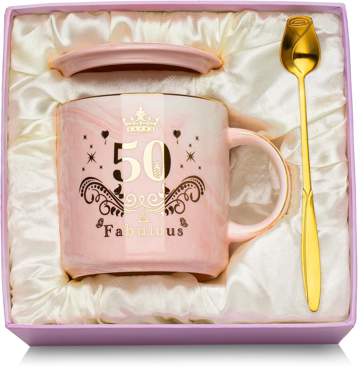 50 verjaardag vrouw mok, 50e verjaardag geschenken voor de 50e verjaardag vrouw 400ml marmeren koffiemok met gouden print, cadeau 50e verjaardag vrouwen voor moeder, zus, vrouw, tante, mooie