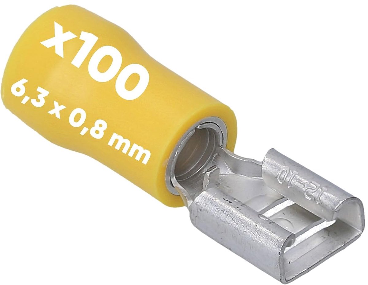 4-6 mm² Platte Steekhulzen Geel - 6,3 x 0,8 mm Kabelverbinder | Deels geïsoleerde messing vlakstekkers voor auto en industrie, geschikt voor AWG 12-10 kabels, UL-gecertificeerd PVC
