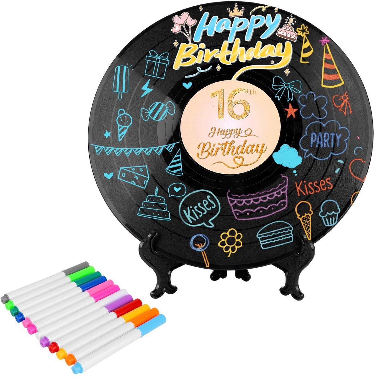 Omgoods- Vinylplaat Gastenboek 30x30cm - Gastenboek Verjaardag - Alternatief met Pen - Kleurrijk - Inclusief Beugel - 12 Kleurige Pennen