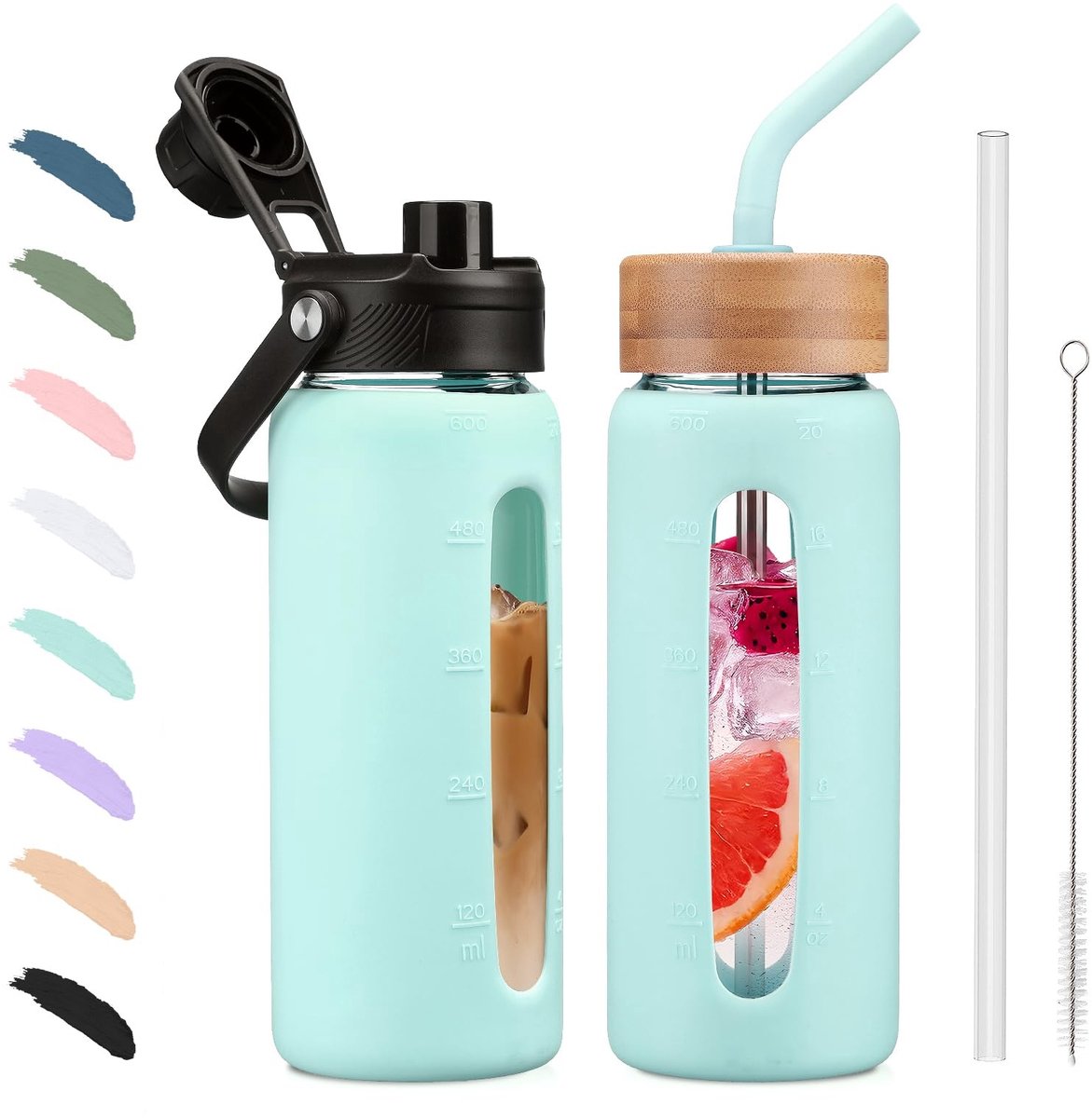 Omgoods - 600 ml Glazen Waterfles met Rietje en 2 Deksels - Lichtblauw