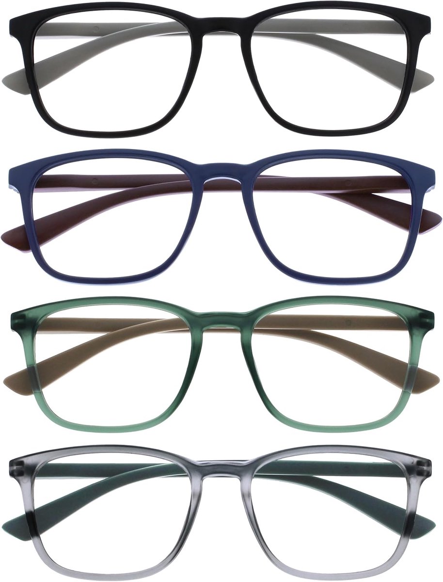 Max Reading Classes 4 Pack - Klassiek Groot Rechthoekig Montuur - Mat Zwart, Blauw, Groen, Grijs - Heren & Dames - Veerscharnieren - RRRR78-1367 - +3.50