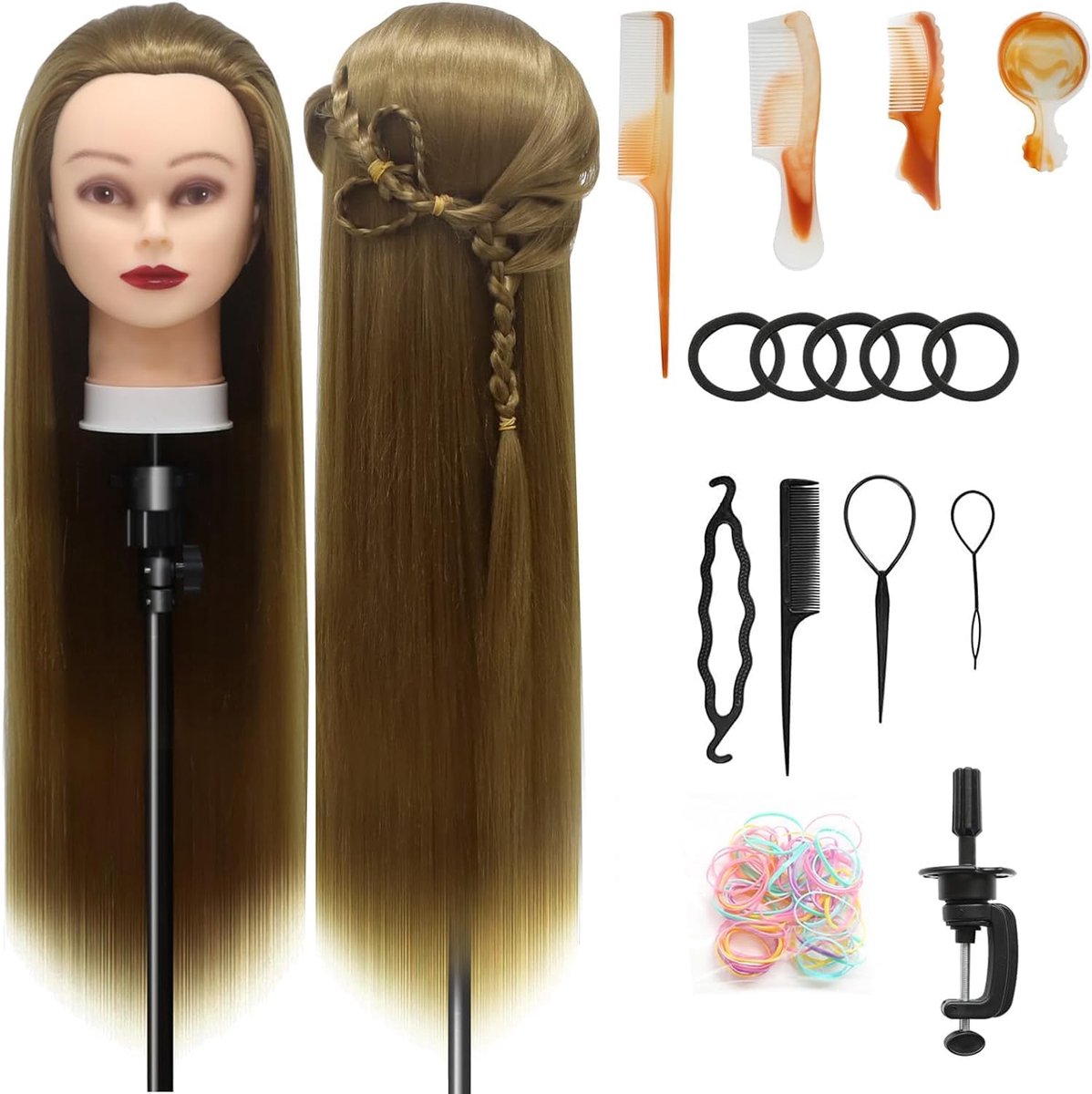 28 inch kaphoofd voor kapsels, 100% synthetische vezelhaar, oefenhoofd, met doe-het-zelf breikit en gratis tafelclips (27)