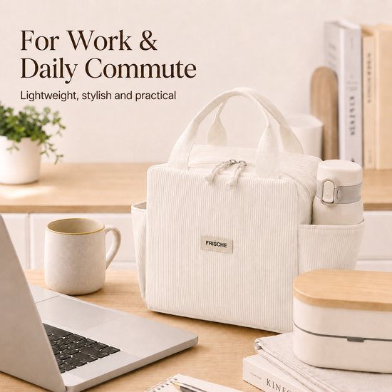 Rainbecom - Koeltassen - Lunchtas Koeltas 12L - Geïsoleerde Lunchbag van Corduroy met 2 Zijvakken - Voor Werk, Picknick, Reizen en Dagelijks Gebruik - 26 x 18,5 x 25 cm - Effen Crème van Rainbecom — afbeelding 3