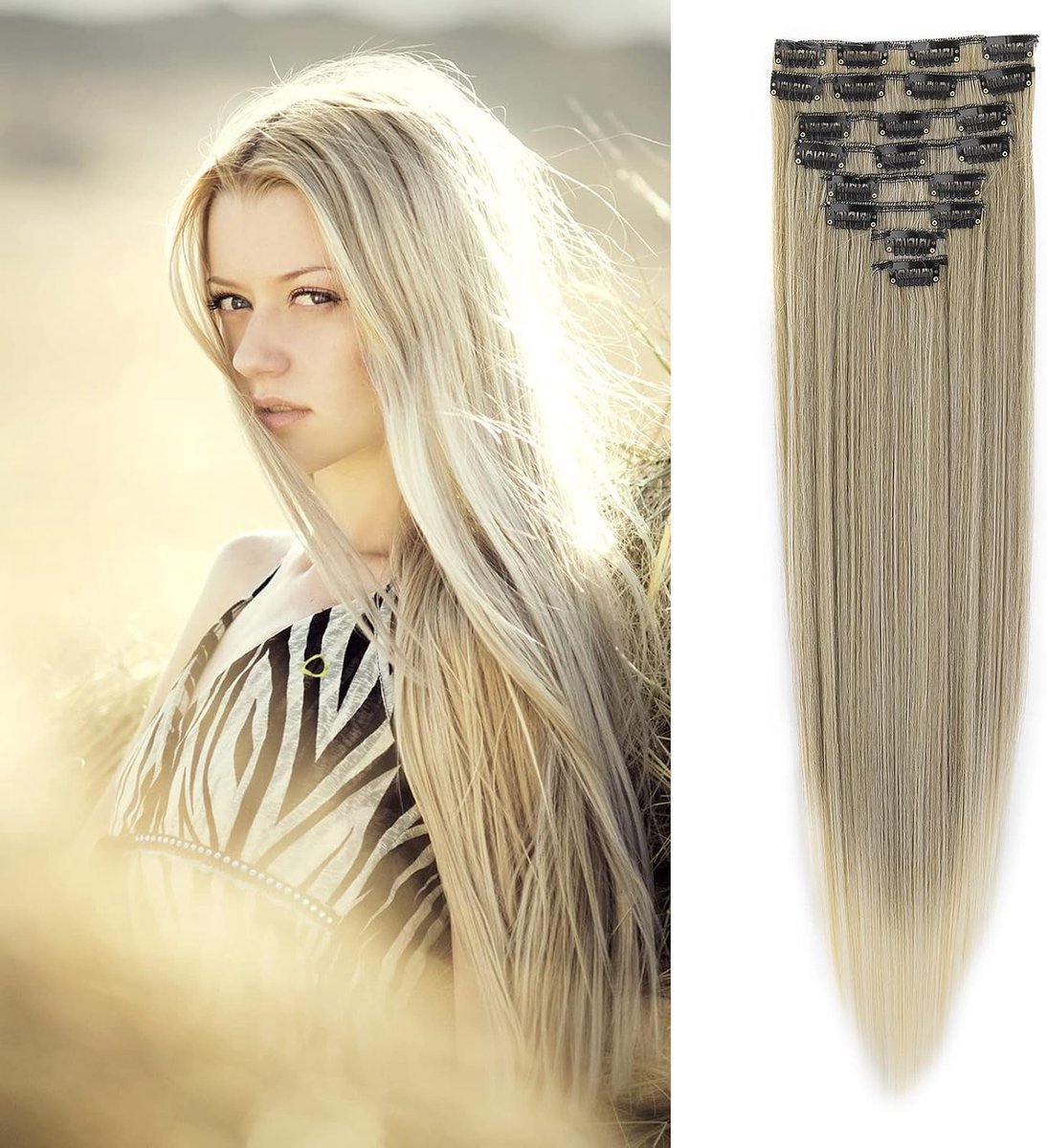 60cm Clip in Extensions Haarverlenging Haarstuk Steil Lang 8 Stuks Set Synthetisch Haar Clip in Haarverlenging Synthetisch Haar voor Meisjes, Goudbruin tot bleekblond