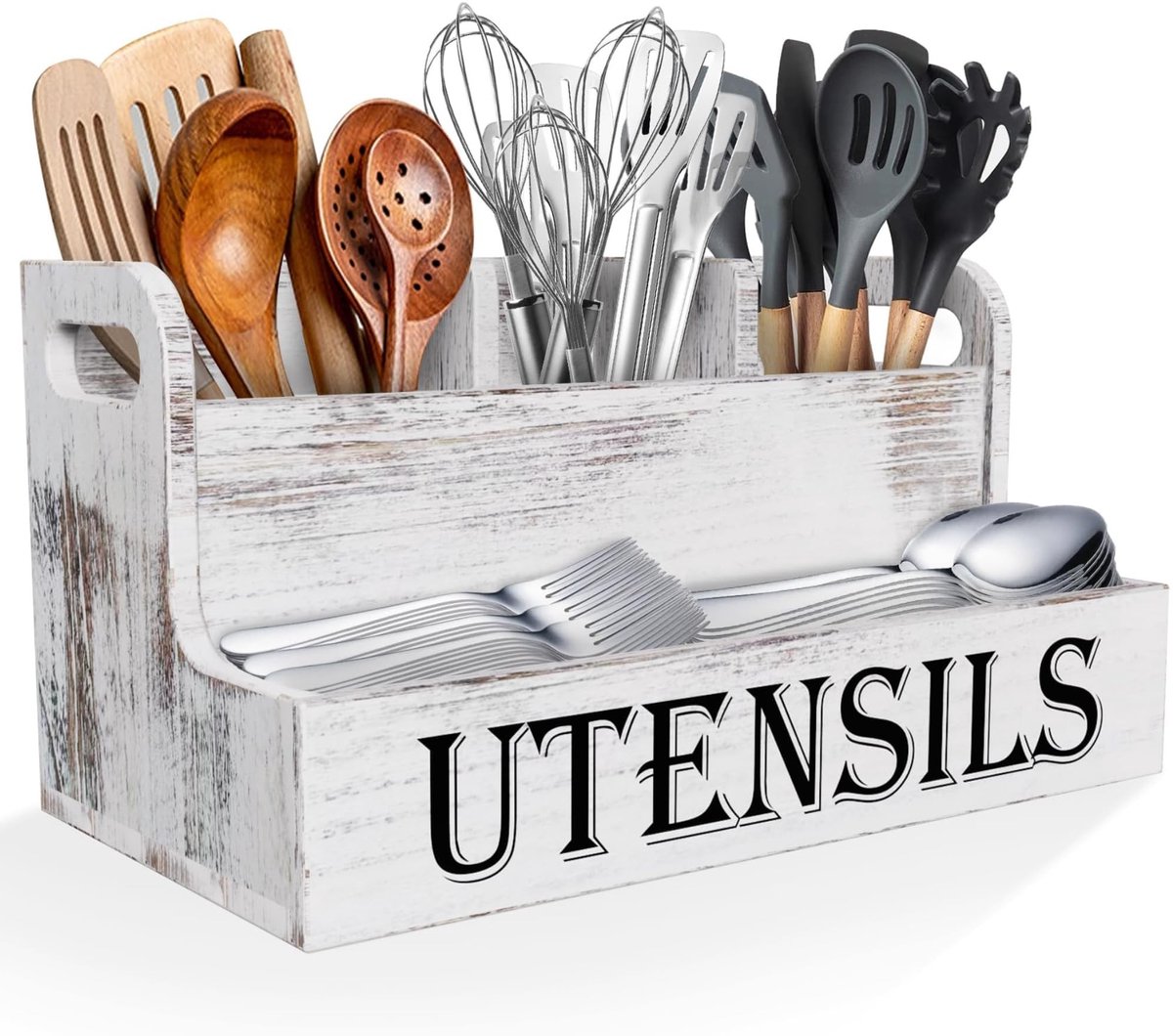 Omgoods - Houten Keuken Gereedschap Houder met 4 Compartimenten - Robuuste Organizer