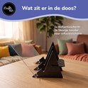 Support noir avec écran de réflexion transparent, adapté aux tablettes et téléphones. Texte : Qu'y a-t-il dans la boîte ?