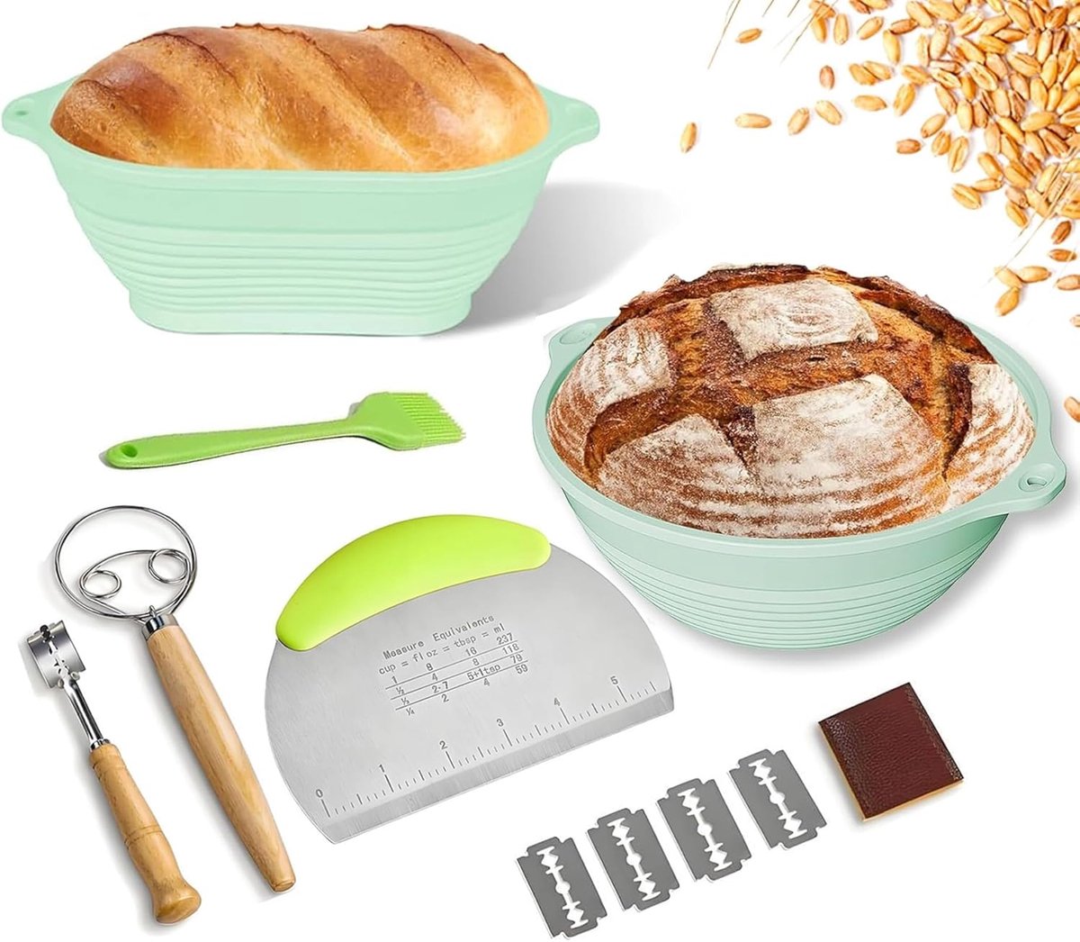 broodset, 25 cm, rijsmand voor het bakken van brood, zuurdeeg, starterset, inclusief deegschraper en olieborstel, broodbakset, brood bakken, fermentmand voor beginners (28,8, ovaal rond)