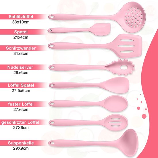 Keukenhulpset, set van 8 stuks siliconen keukengerei, hittebestendige keukenaccessoires met siliconen spatel/lepel/wender/schep, antiaanbaklaag en vaatwasserbestendig - Roze — afbeelding 5