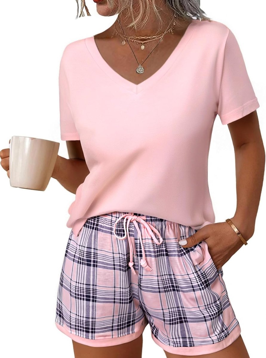 Damespyjama, korte pyjama, korte mouwen, nachtkleding, set, katoen, slaapbroek, geruit, bedrukt, sleepwear, zomer, V-hals, loungewear