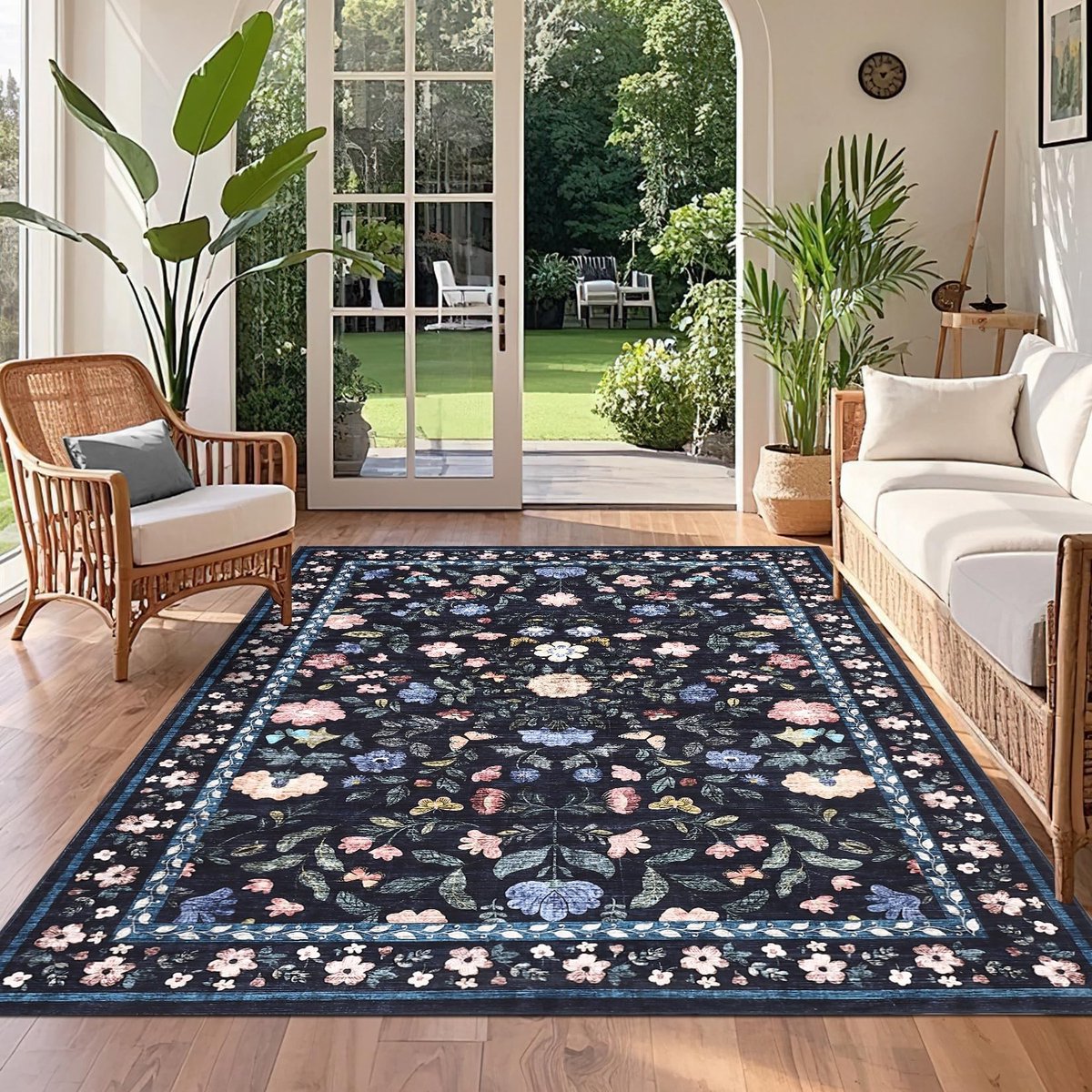 Omgoods - Bloemen Vloerkleed 120x170cm - Wasbaar en Antislip Donkerblauw