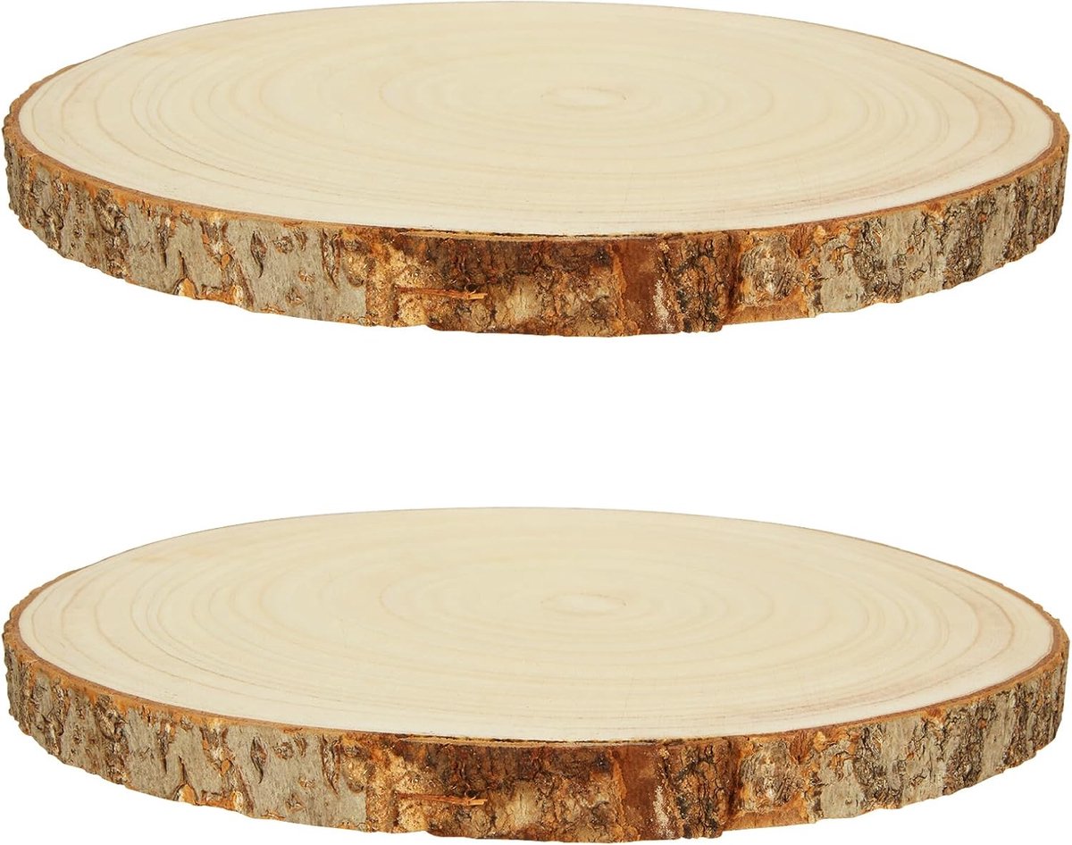 2 stuks houten schijven 30 cm, 20 mm dik, 28-32 cm houten schijven om te knutselen, Paulownia boomschijven met schors, boomschijven zonder gat voor kerstdecoratie, bruiloft en doe-het-zelf